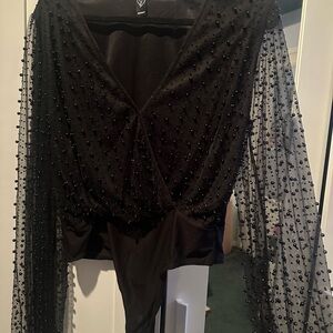 Lulus Black Long Sleeve Sheer Beaded Bodysuit